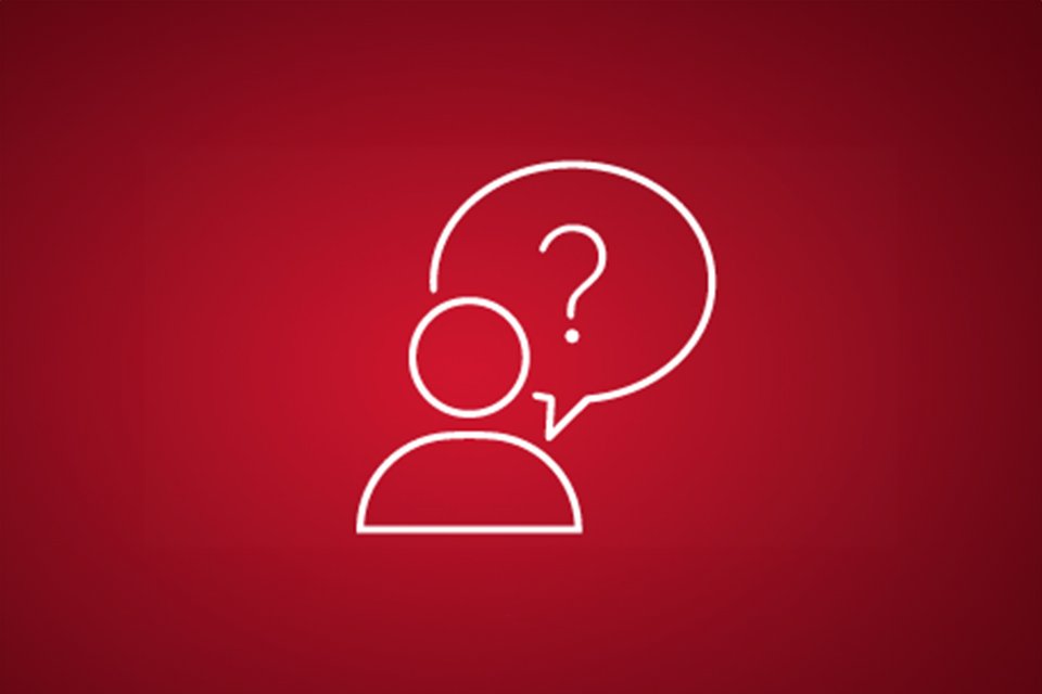 Outline of a white speech bubble with a question mark in it on a red background.